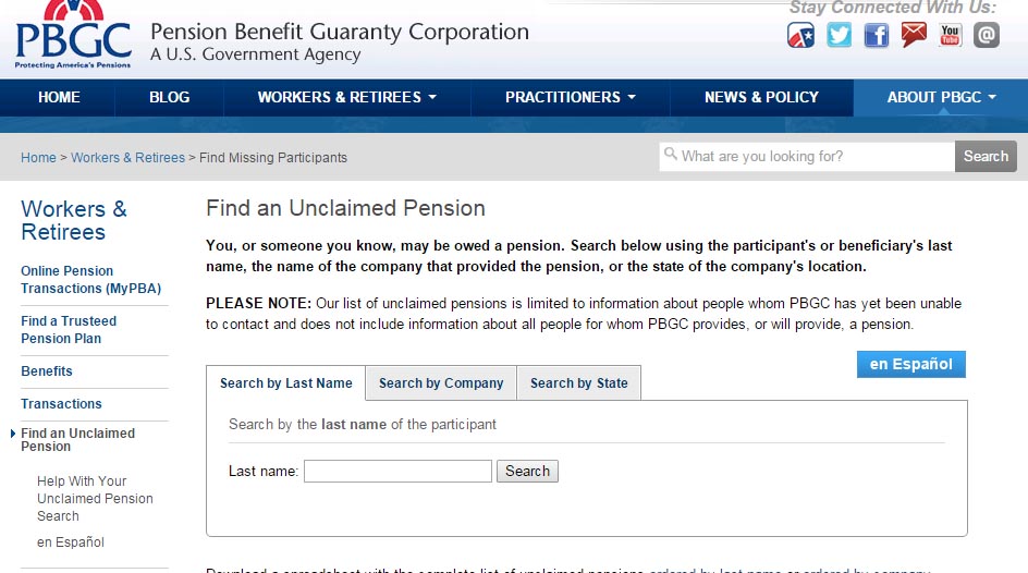 Sample Pension Plan Search screen